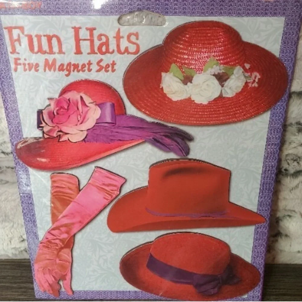 NOS - ATA-BOY Fun Hats Five Magnet Set Red Hat Sealed Fashion Fridge Decorations